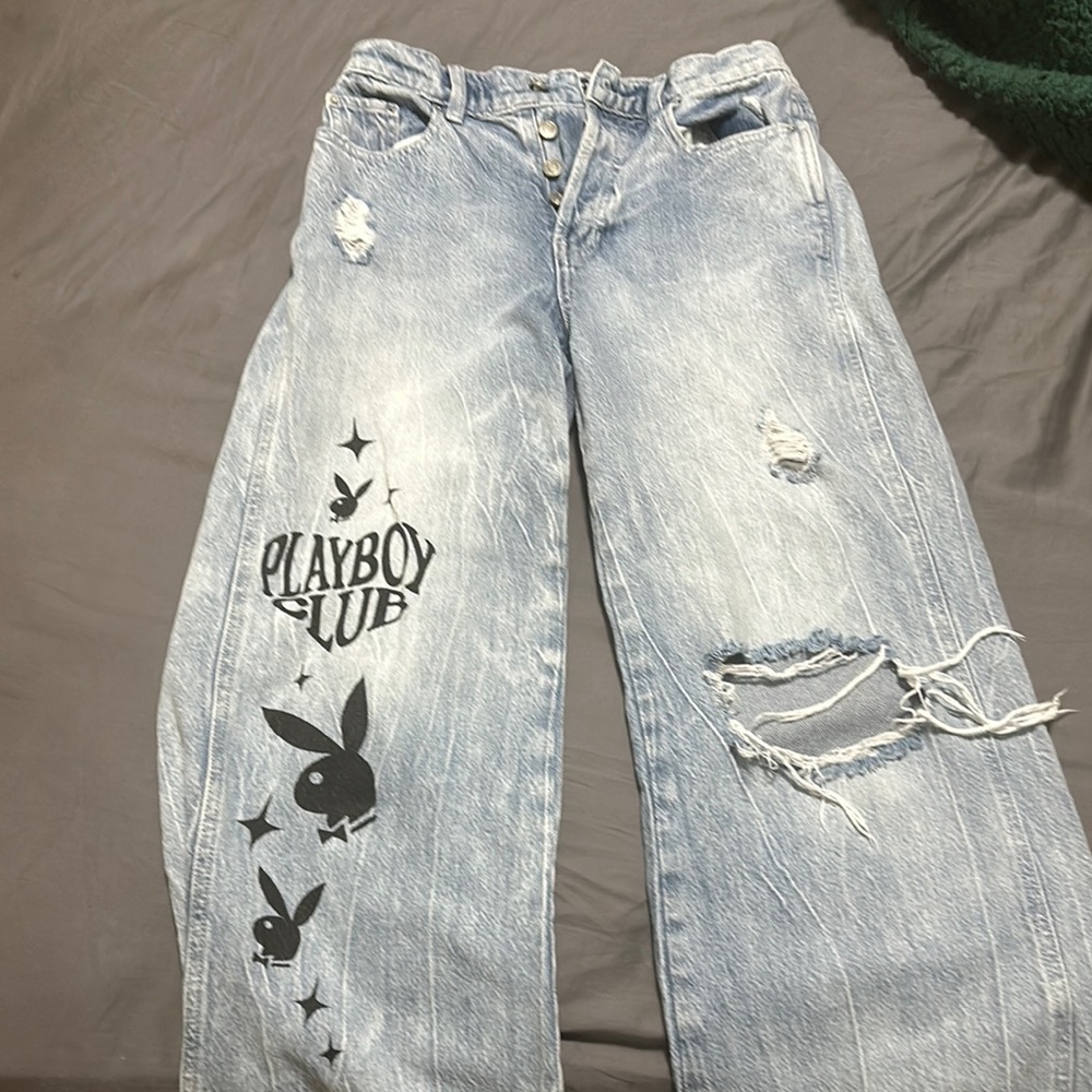PacSun Blue Flare Wide Leg Jeans with Distressed Details